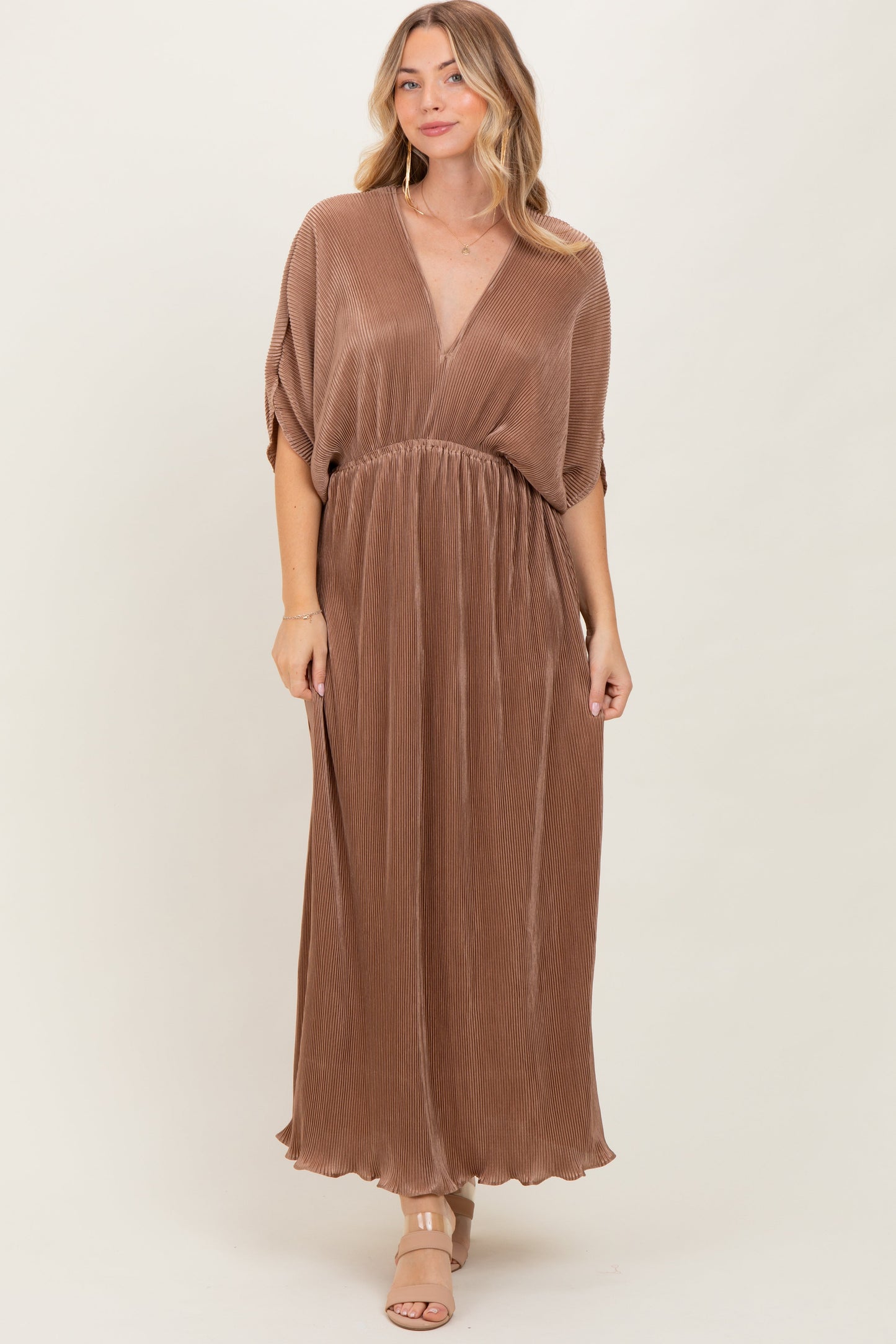 Mocha Pleated Satin Dolman Sleeve Maxi Dress