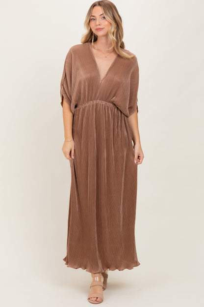 Mocha Pleated Satin Dolman Sleeve Maxi Dress