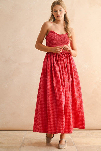 Red Gingham Smocked Ruffle Accent Maternity Maxi Dress