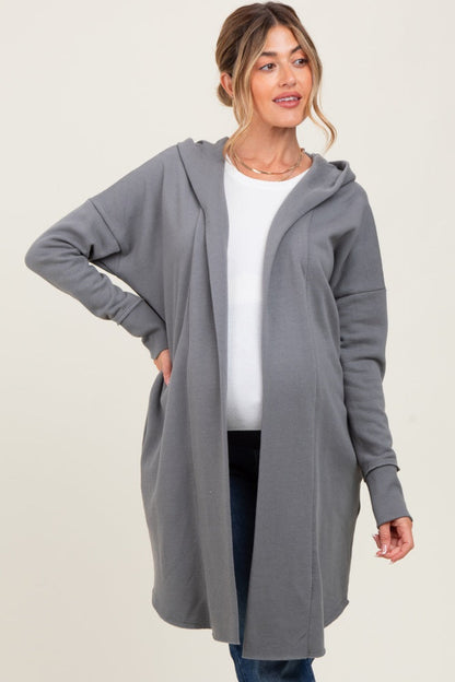 Grey Hooded Long Maternity Cardigan