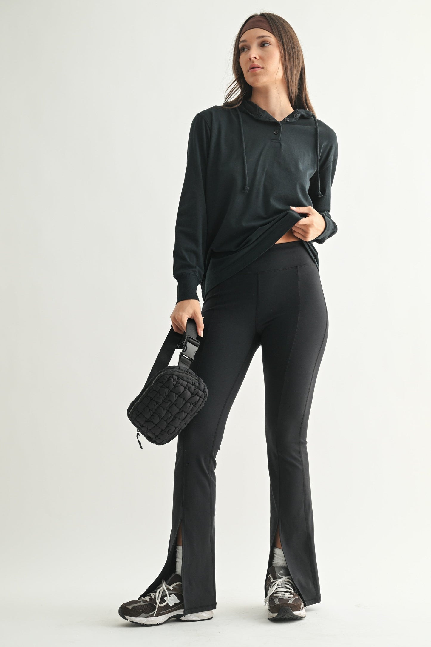 Navy Button Up Hooded Long Sleeve Top