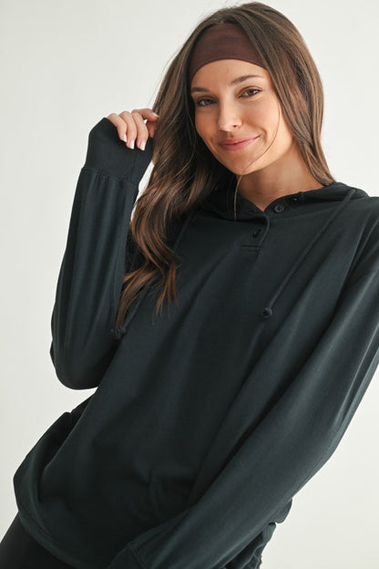 Navy Button Up Maternity Hooded Long Sleeve Top