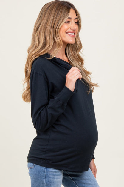 Navy Button Up Maternity Hooded Long Sleeve Top