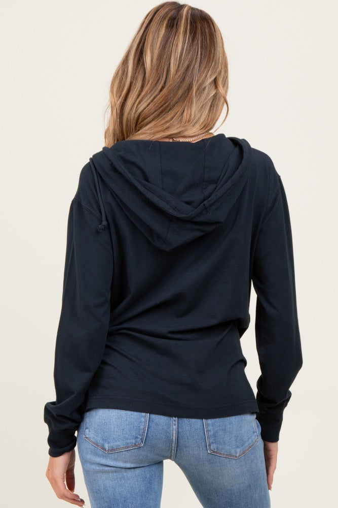 Navy Button Up Maternity Hooded Long Sleeve Top