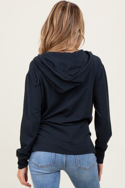 Navy Button Up Maternity Hooded Long Sleeve Top