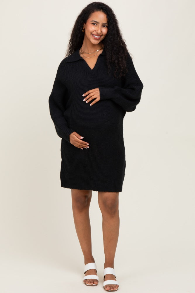 Black Chunky Knit Collared Maternity Sweater Dress