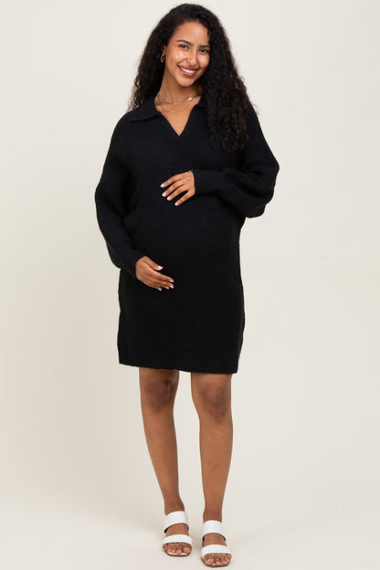 Black Chunky Knit Collared Maternity Sweater Dress