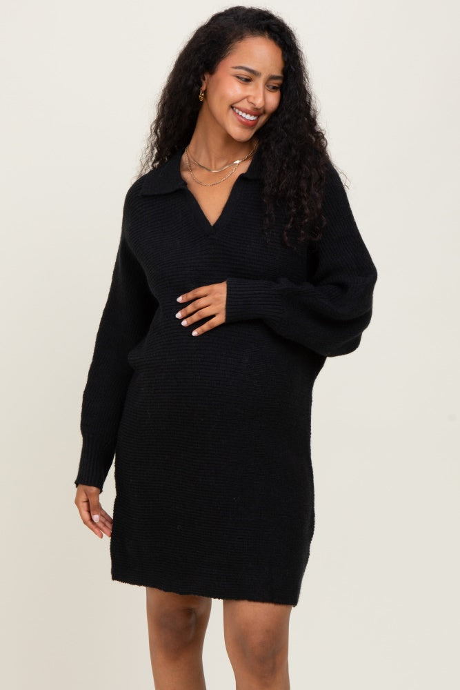 Black Chunky Knit Collared Maternity Sweater Dress