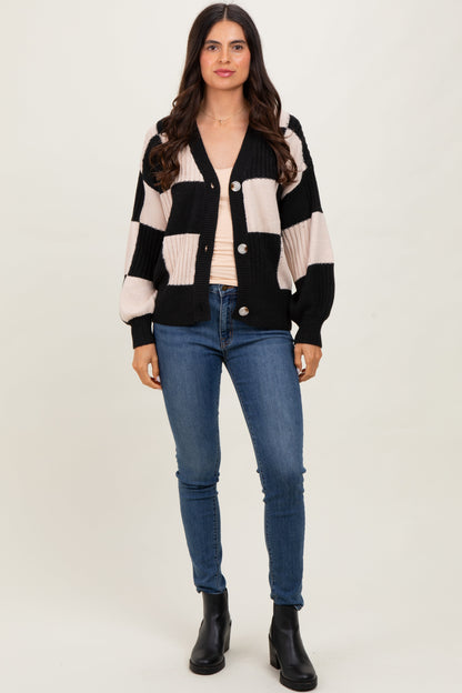 Black Checkered Rib Bubble Sleeve Button Cardigan