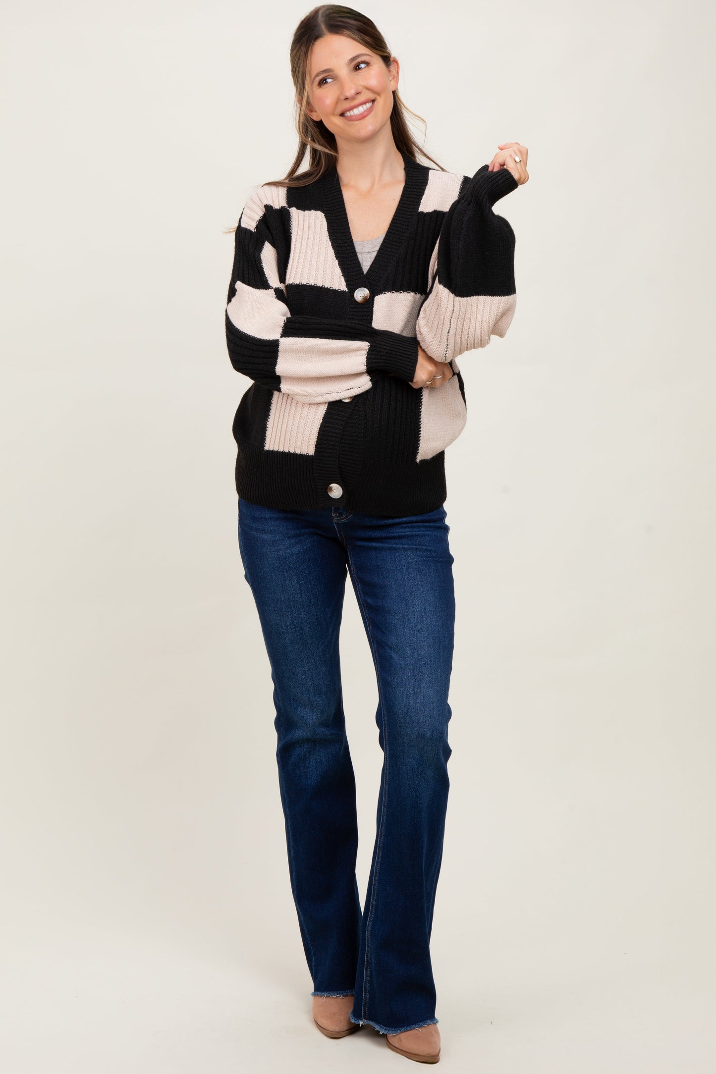 Black Checkered Rib Bubble Sleeve Button Maternity Cardigan