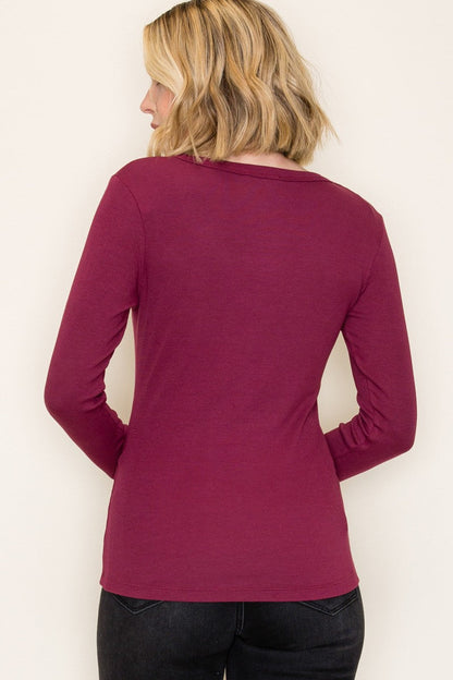 Burgundy Fine Rib Scoop Neck Long Sleeve Top