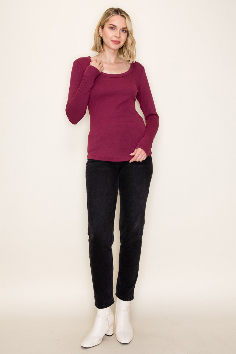Burgundy Fine Rib Scoop Neck Long Sleeve Top