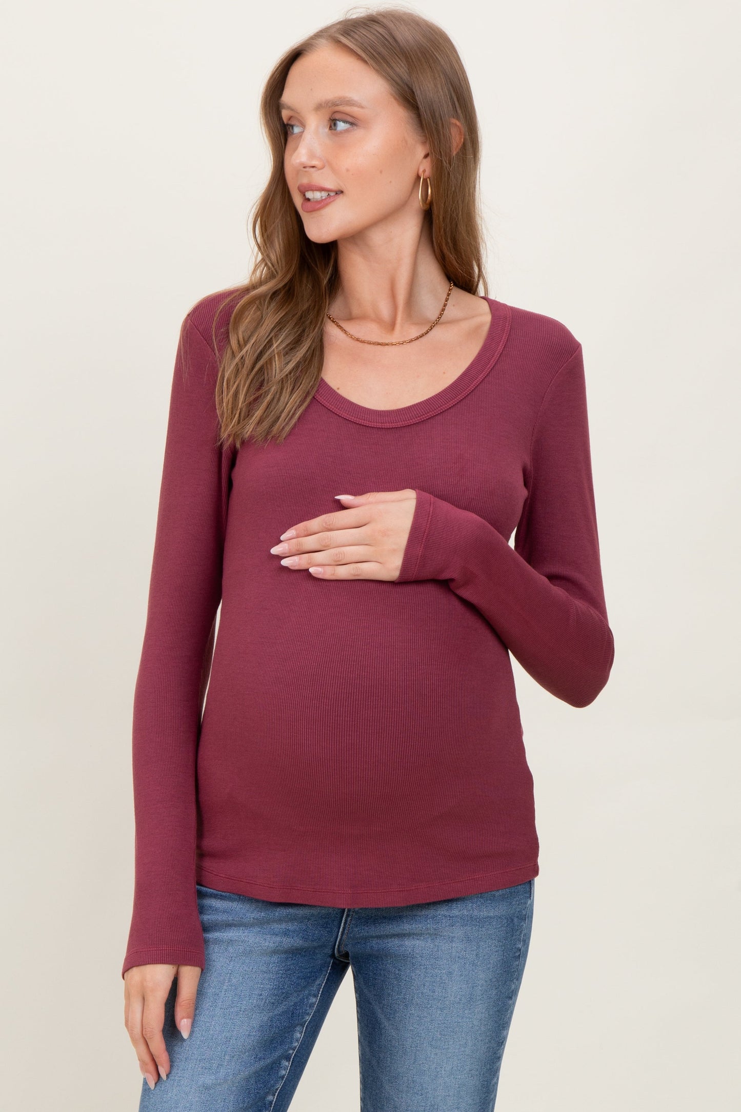 Burgundy Fine Rib Scoop Neck Maternity Long Sleeve Top