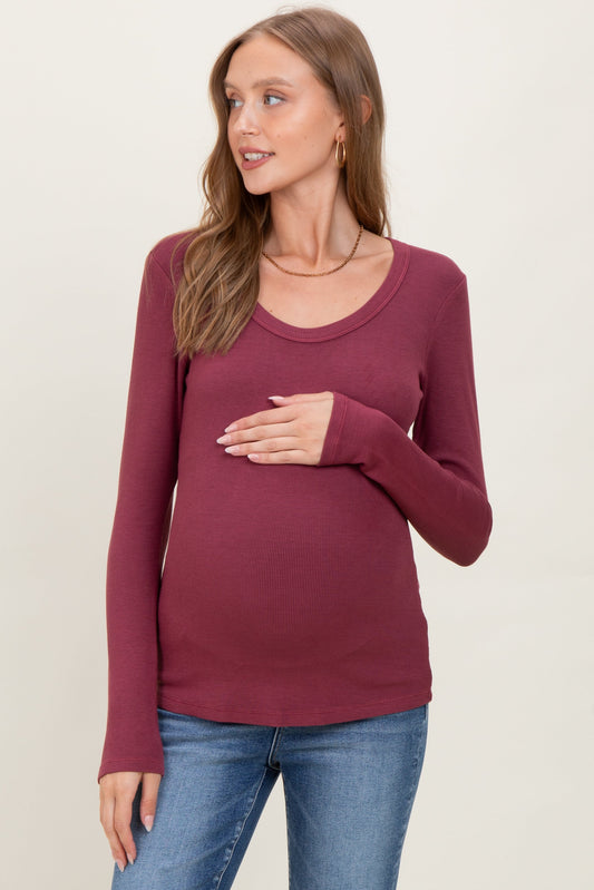 Burgundy Fine Rib Scoop Neck Maternity Long Sleeve Top