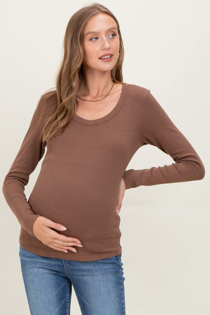Mocha Fine Rib Scoop Neck Maternity Long Sleeve Top