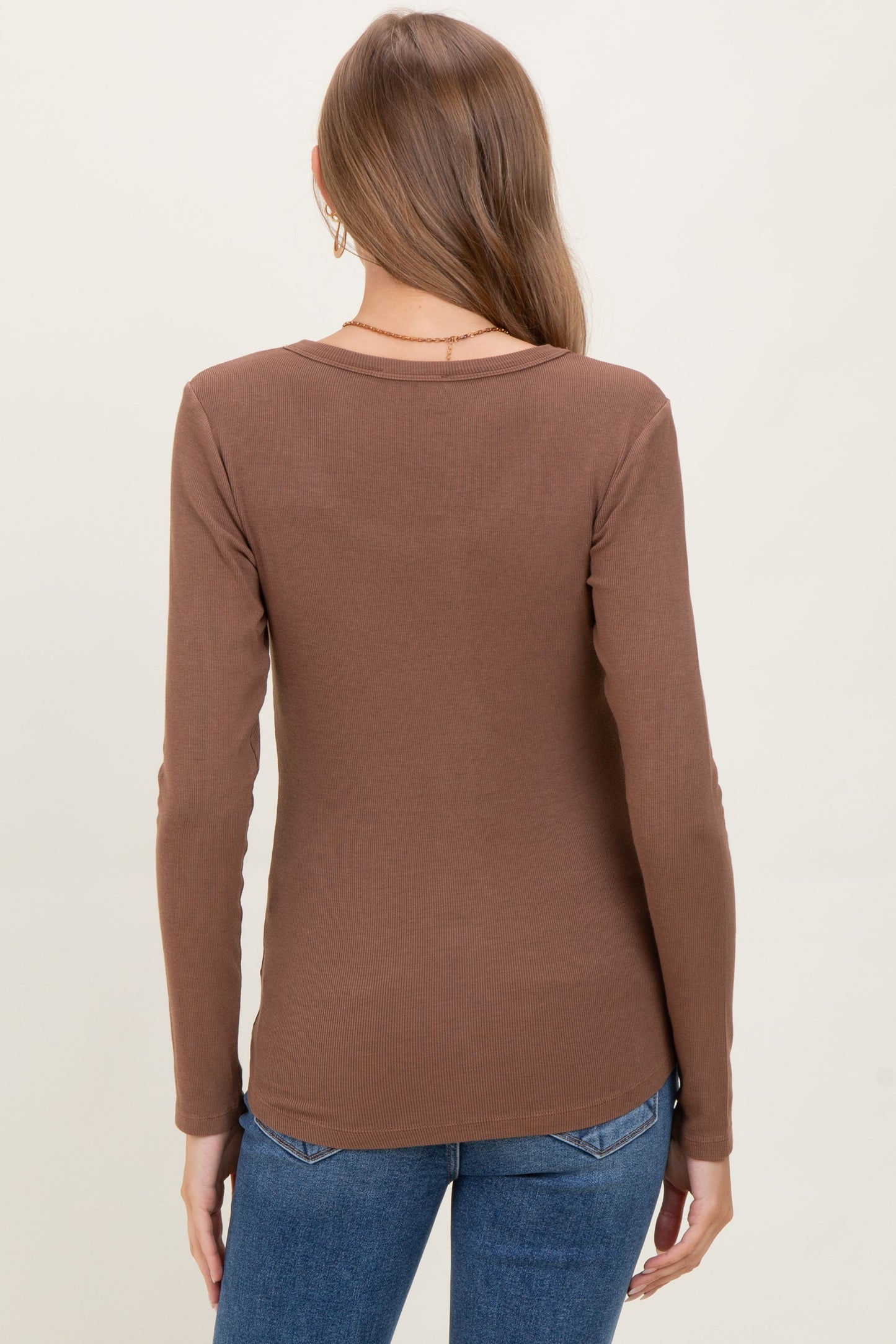 Mocha Fine Rib Scoop Neck Maternity Long Sleeve Top