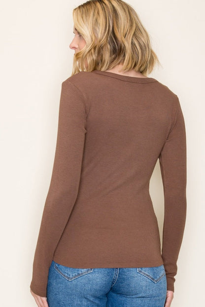 Mocha Fine Rib Scoop Neck Long Sleeve Top