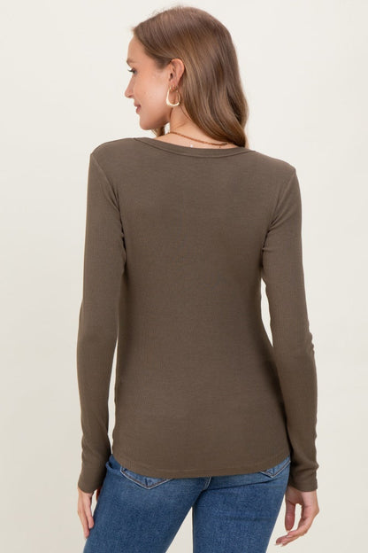 Olive Fine Rib Scoop Neck Maternity Long Sleeve Top