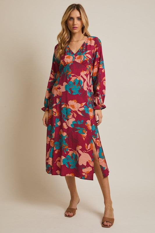 Burgundy Floral V-Neck Long Sleeve Dress
