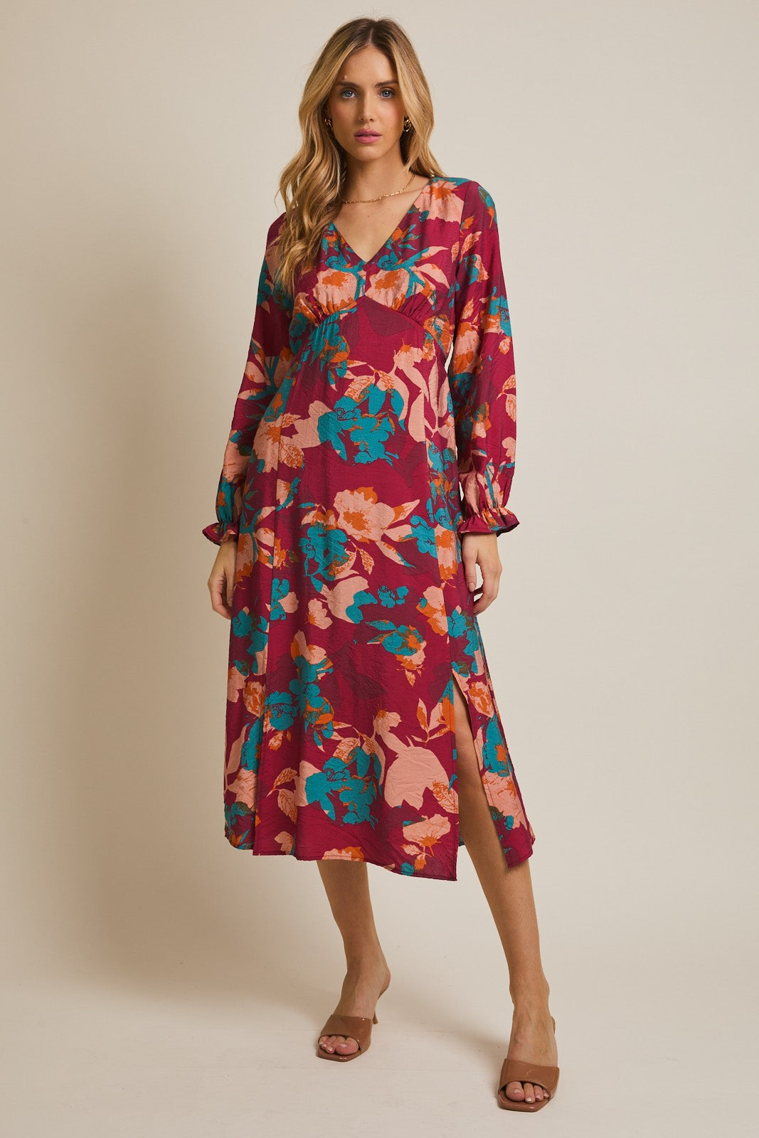 Burgundy Floral V-Neck Long Sleeve Dress