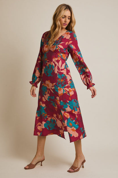 Burgundy Floral V-Neck Long Sleeve Dress