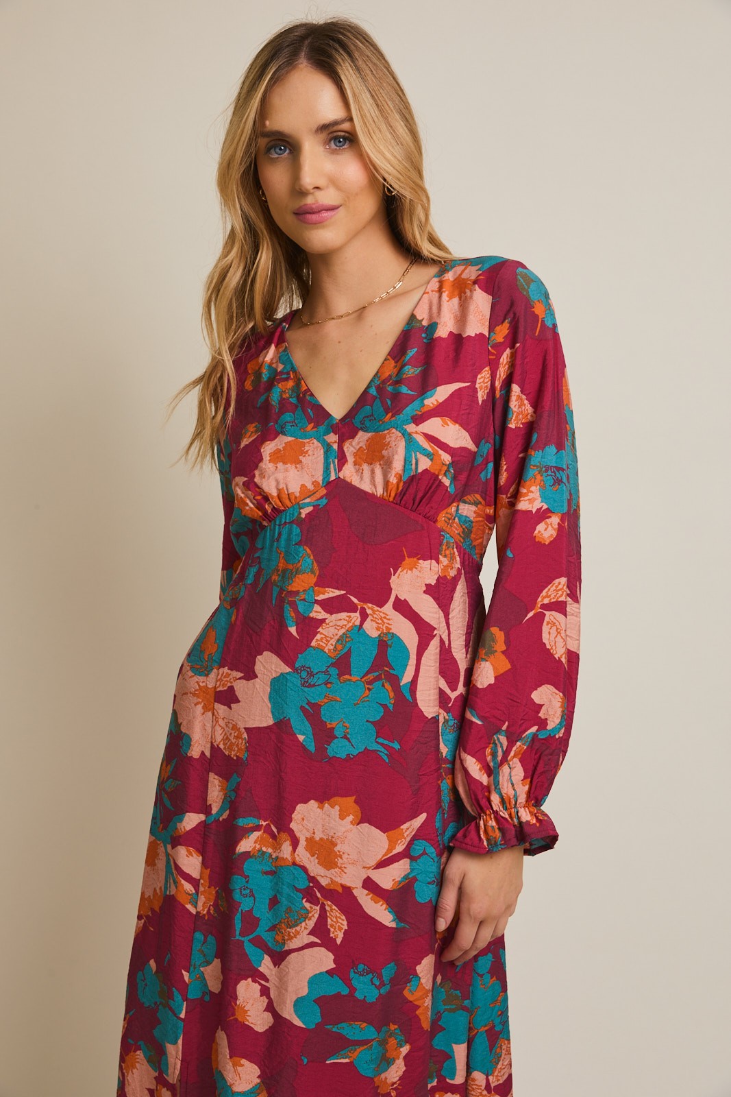 Burgundy Floral V-Neck Long Sleeve Dress