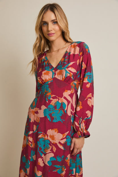 Burgundy Floral V-Neck Long Sleeve Dress