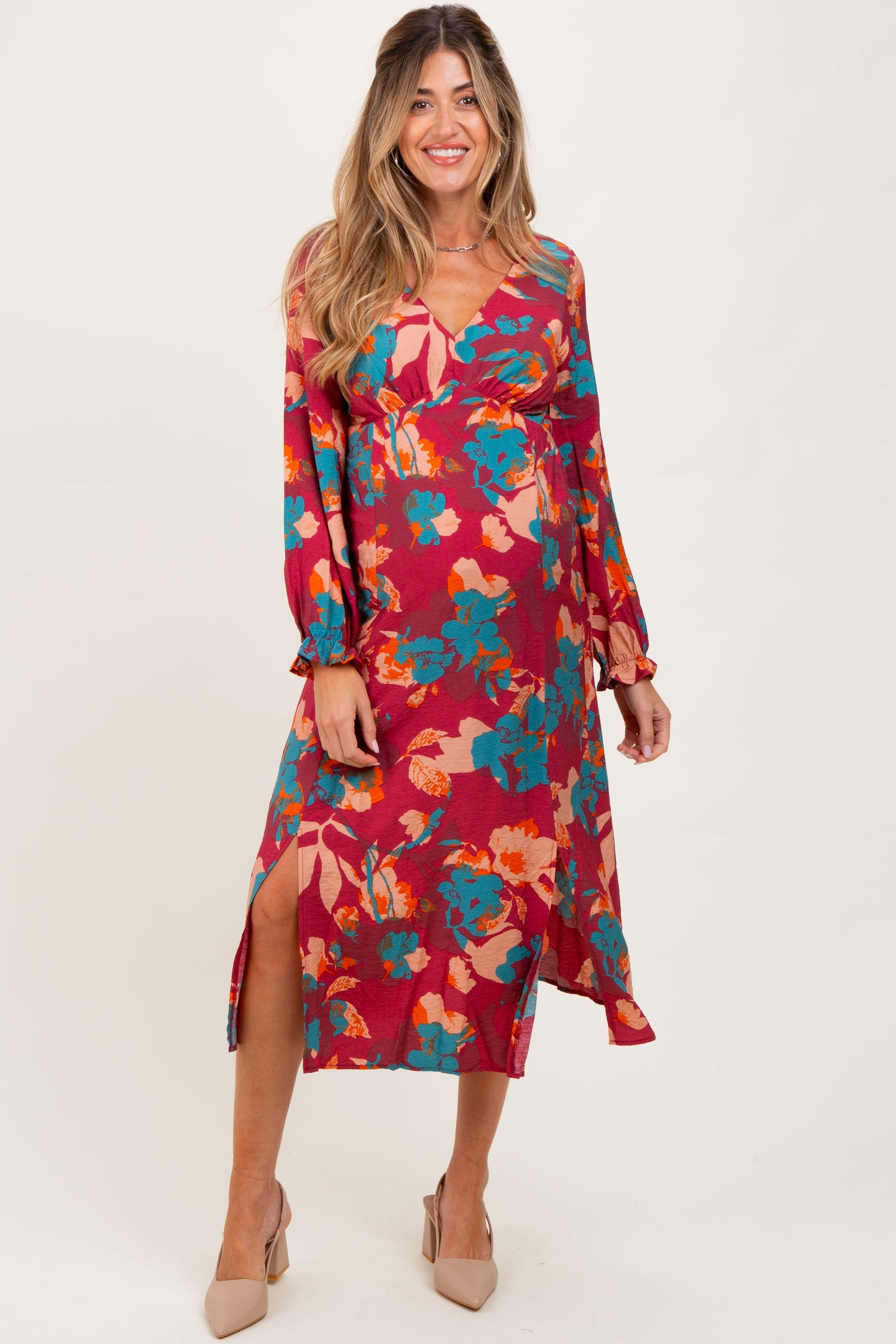 Burgundy Floral V-Neck Long Sleeve Maternity Dress