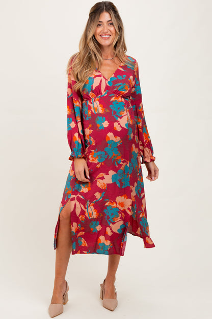 Burgundy Floral V-Neck Long Sleeve Maternity Dress