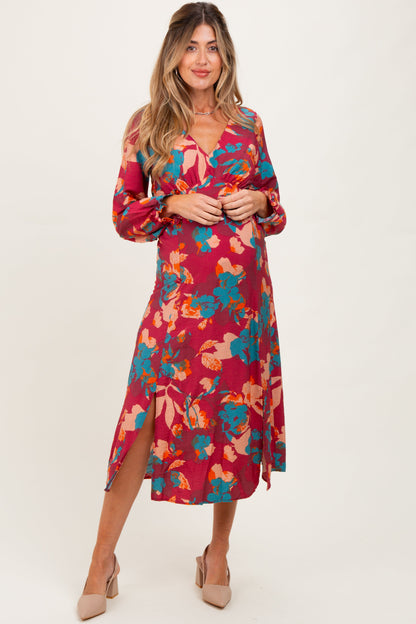 Burgundy Floral V-Neck Long Sleeve Maternity Dress