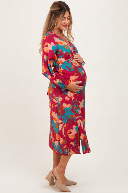 Burgundy Floral V-Neck Long Sleeve Maternity Dress