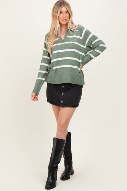 Light Olive Striped Oversized Polo Sweater