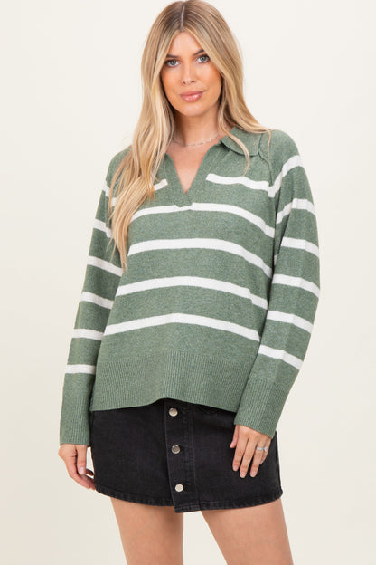 Light Olive Striped Oversized Polo Sweater