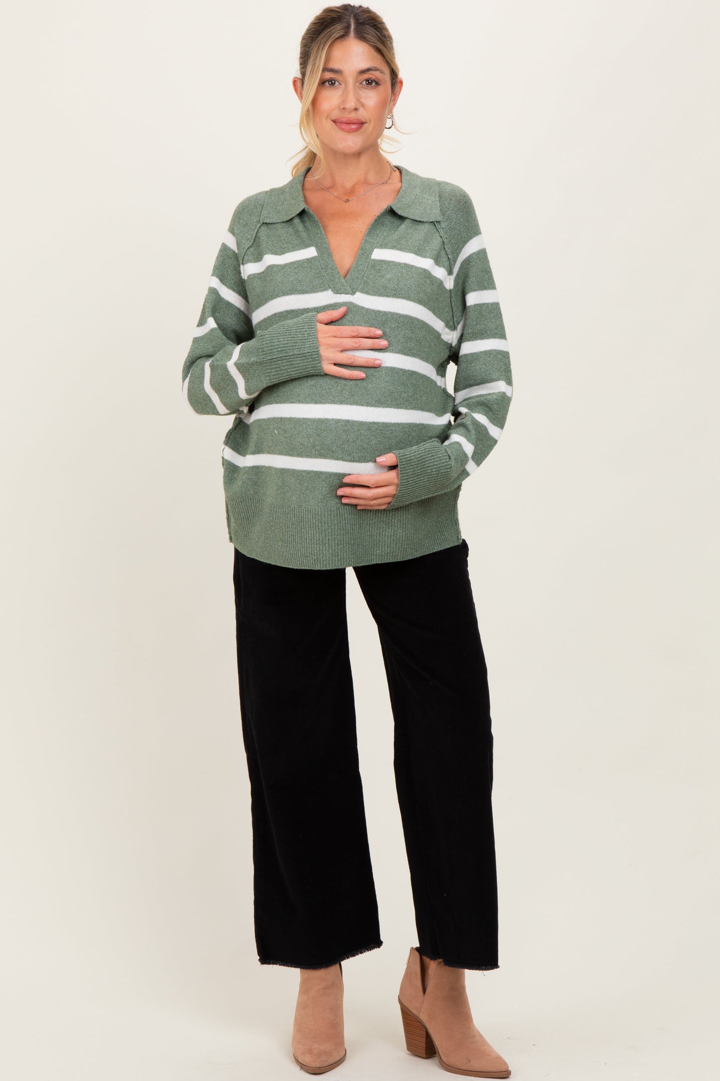Light Olive Striped Oversized Polo Maternity Sweater