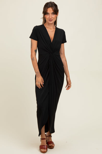 Black Gathered Front Short Sleeve Maternity Maxi Dress
