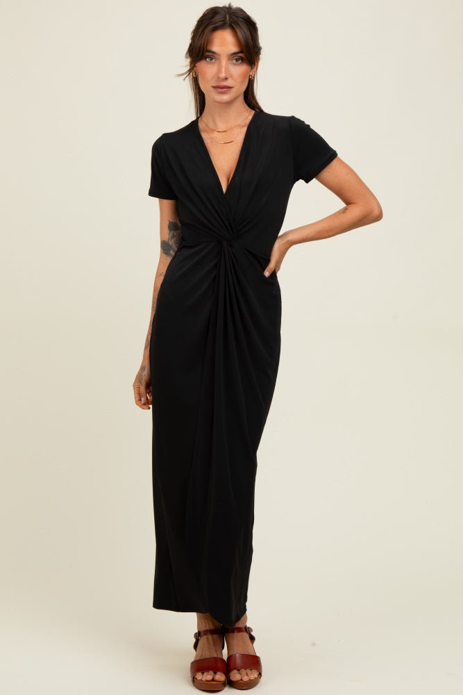 Black Gathered Front Short Sleeve Maxi Dress