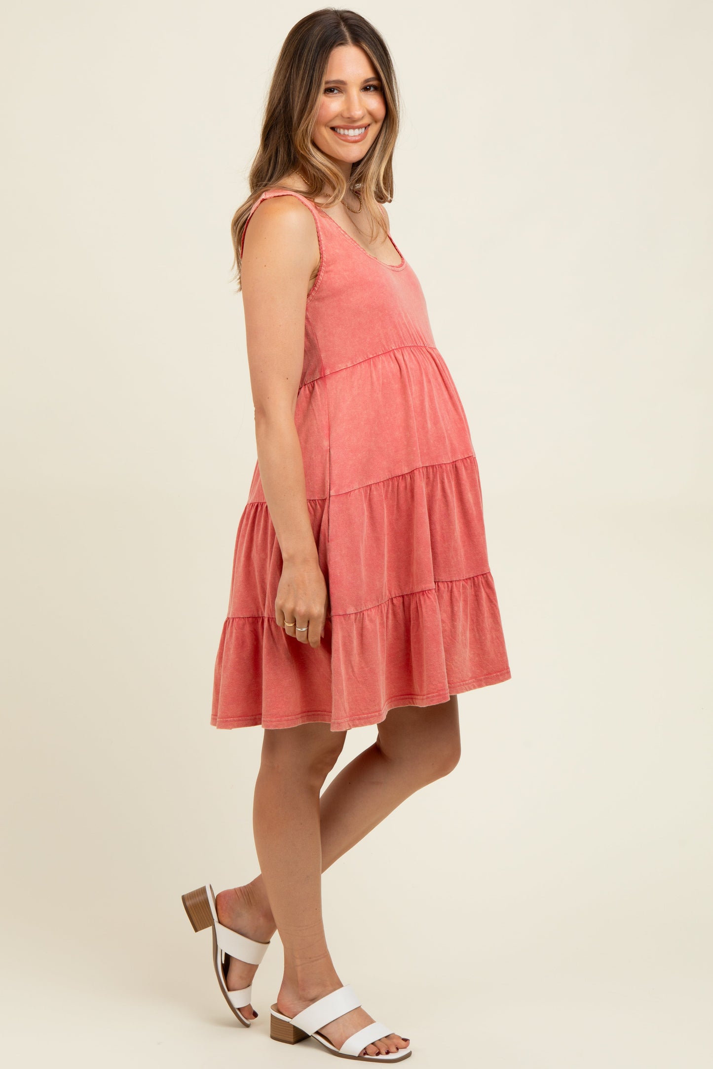 Red Lace Trim Washed Cotton Maternity Tank Dress