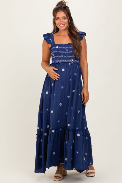 Royal Blue Floral Embroidered Smocked Maternity Maxi Dress