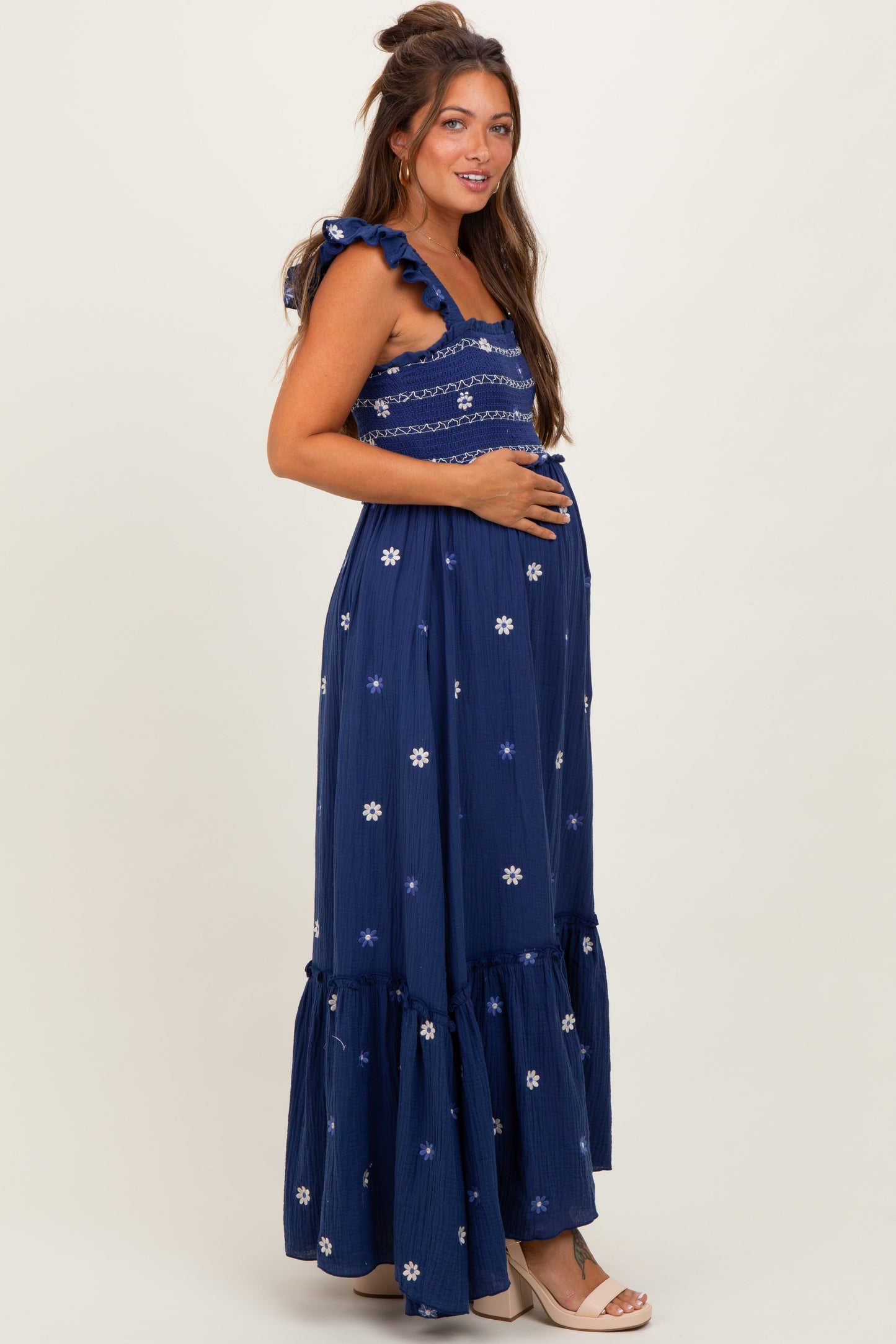 Royal Blue Floral Embroidered Smocked Maternity Maxi Dress