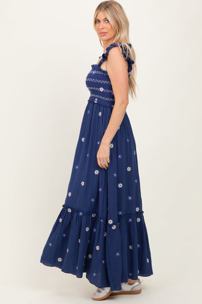 Royal Blue Floral Embroidered Smocked Maxi Dress
