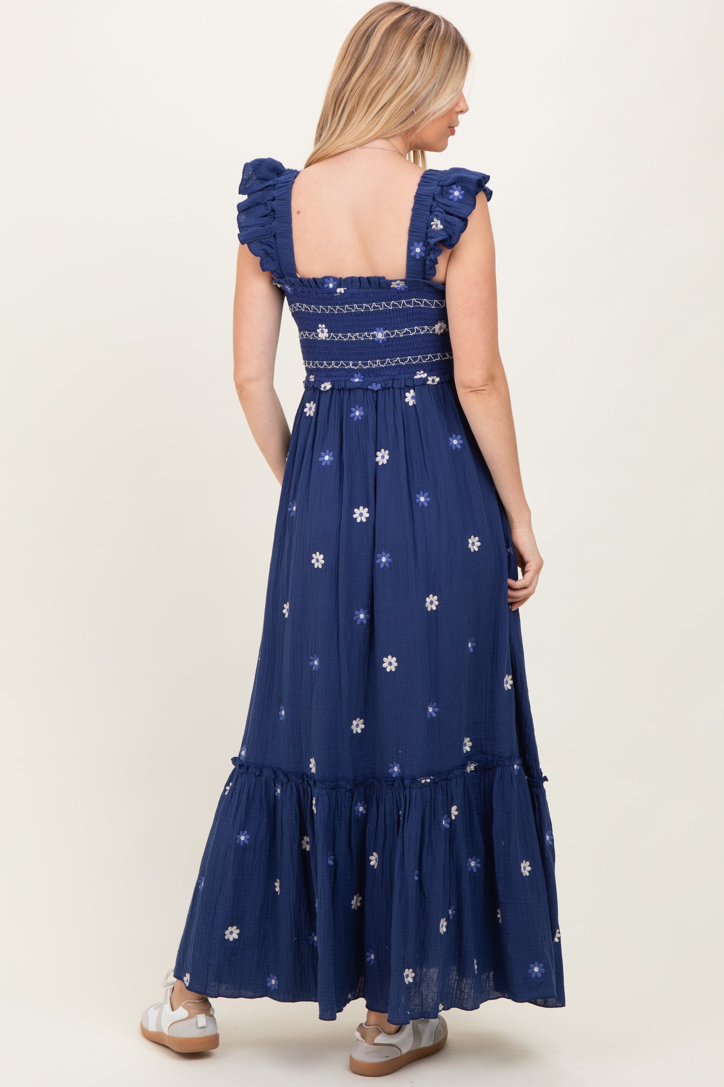 Royal Blue Floral Embroidered Smocked Maxi Dress