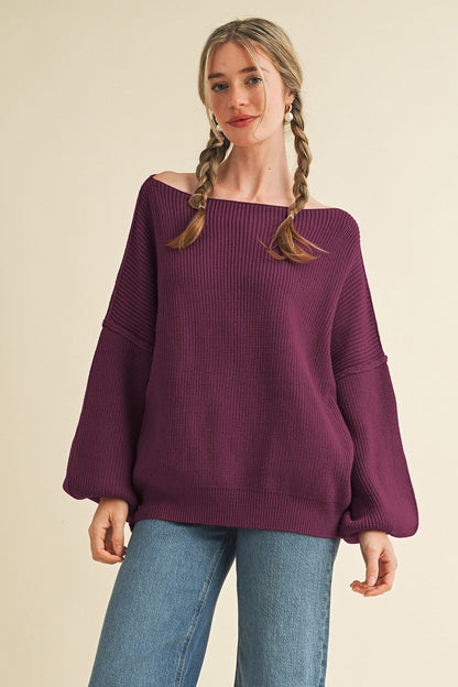 Plum Balloon Sleeve Boat Neck Knit Maternity Sweater
