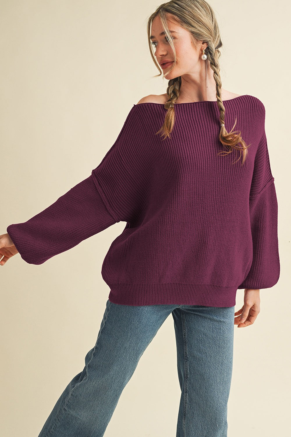 Plum Balloon Sleeve Boat Neck Knit Sweater