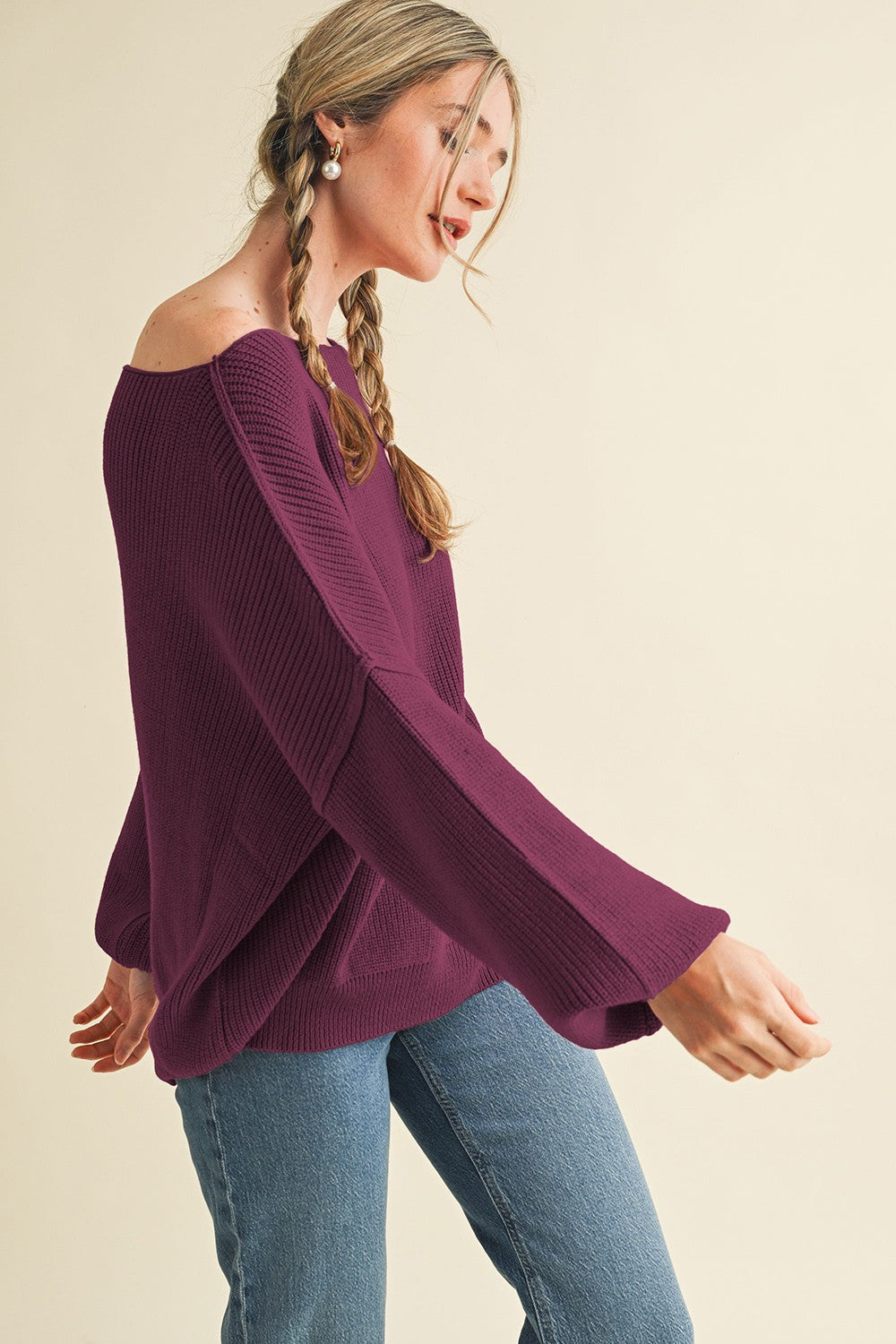 Plum Balloon Sleeve Boat Neck Knit Sweater
