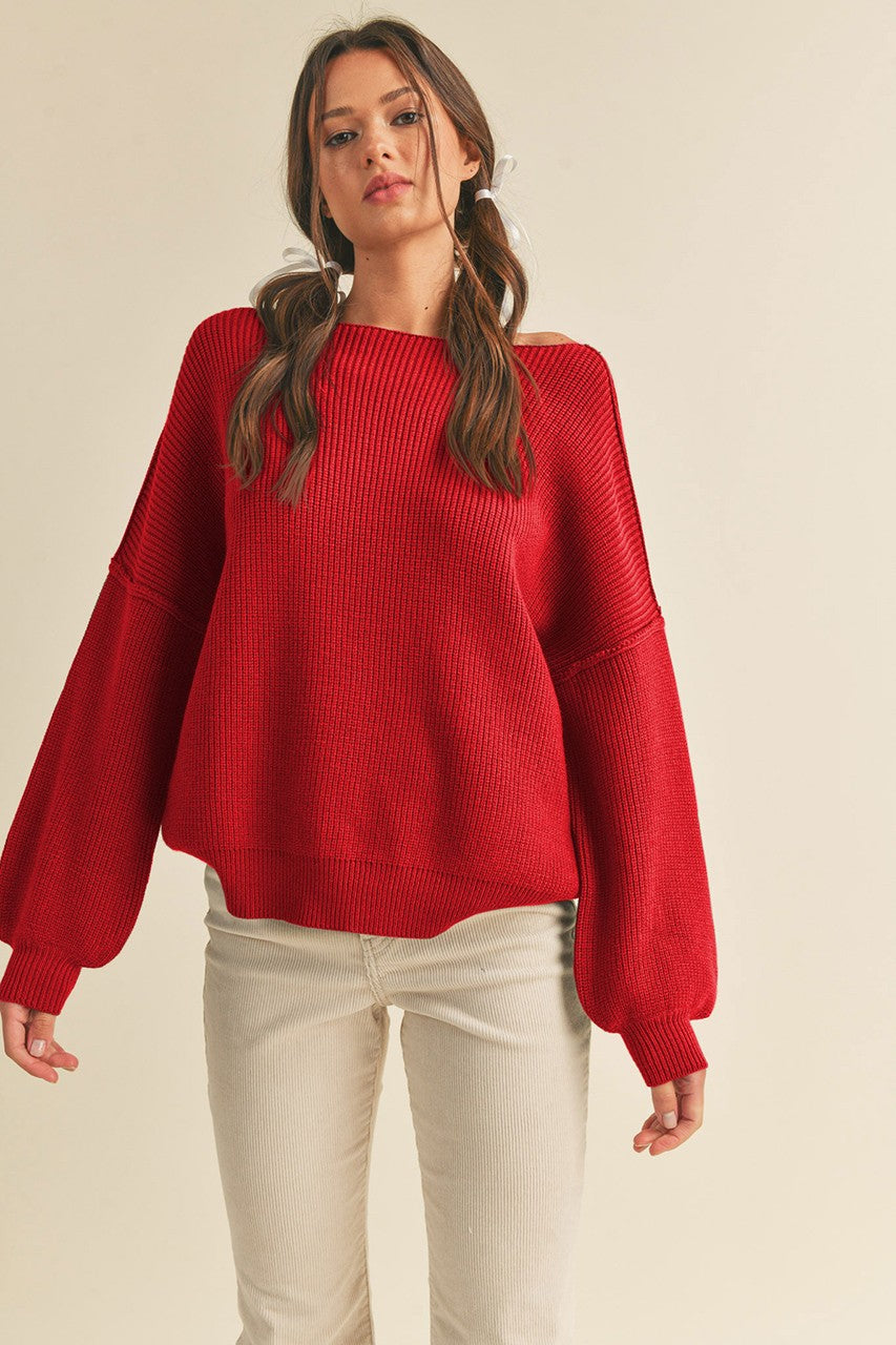 Red Balloon Sleeve Boat Neck Knit Maternity Sweater