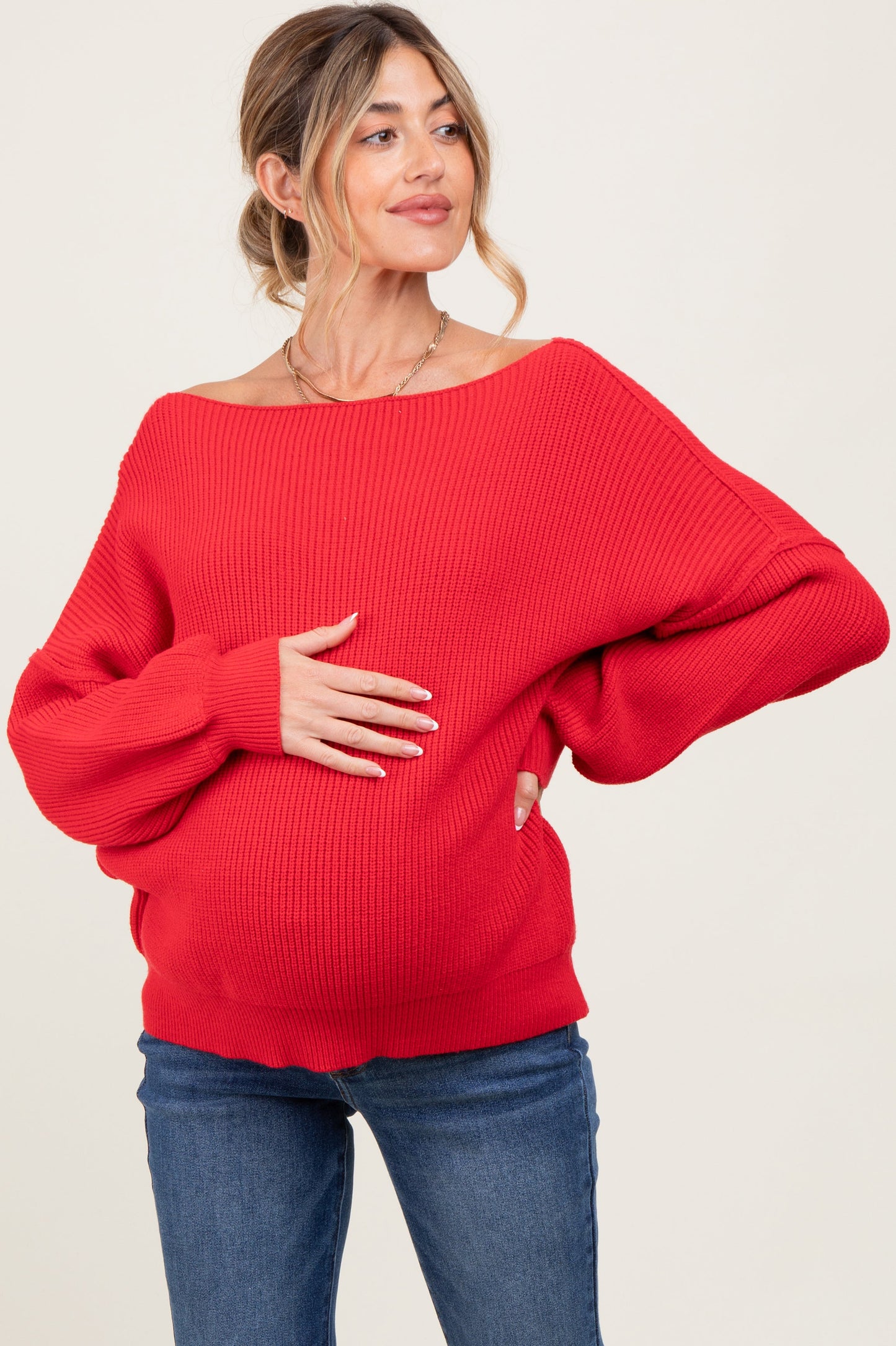 Red Balloon Sleeve Boat Neck Knit Maternity Sweater