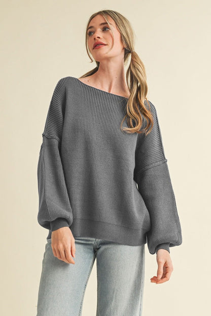 Charcoal Balloon Sleeve Boat Neck Knit Maternity Sweater
