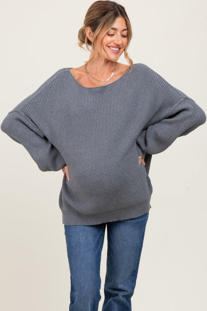 Charcoal Balloon Sleeve Boat Neck Knit Maternity Sweater