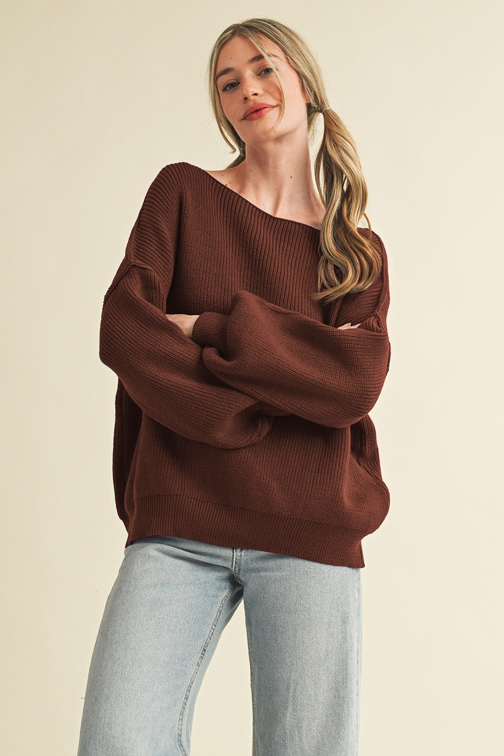Brown Balloon Sleeve Boat Neck Knit Sweater