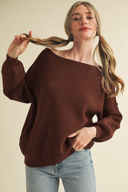 Brown Balloon Sleeve Boat Neck Knit Maternity Sweater